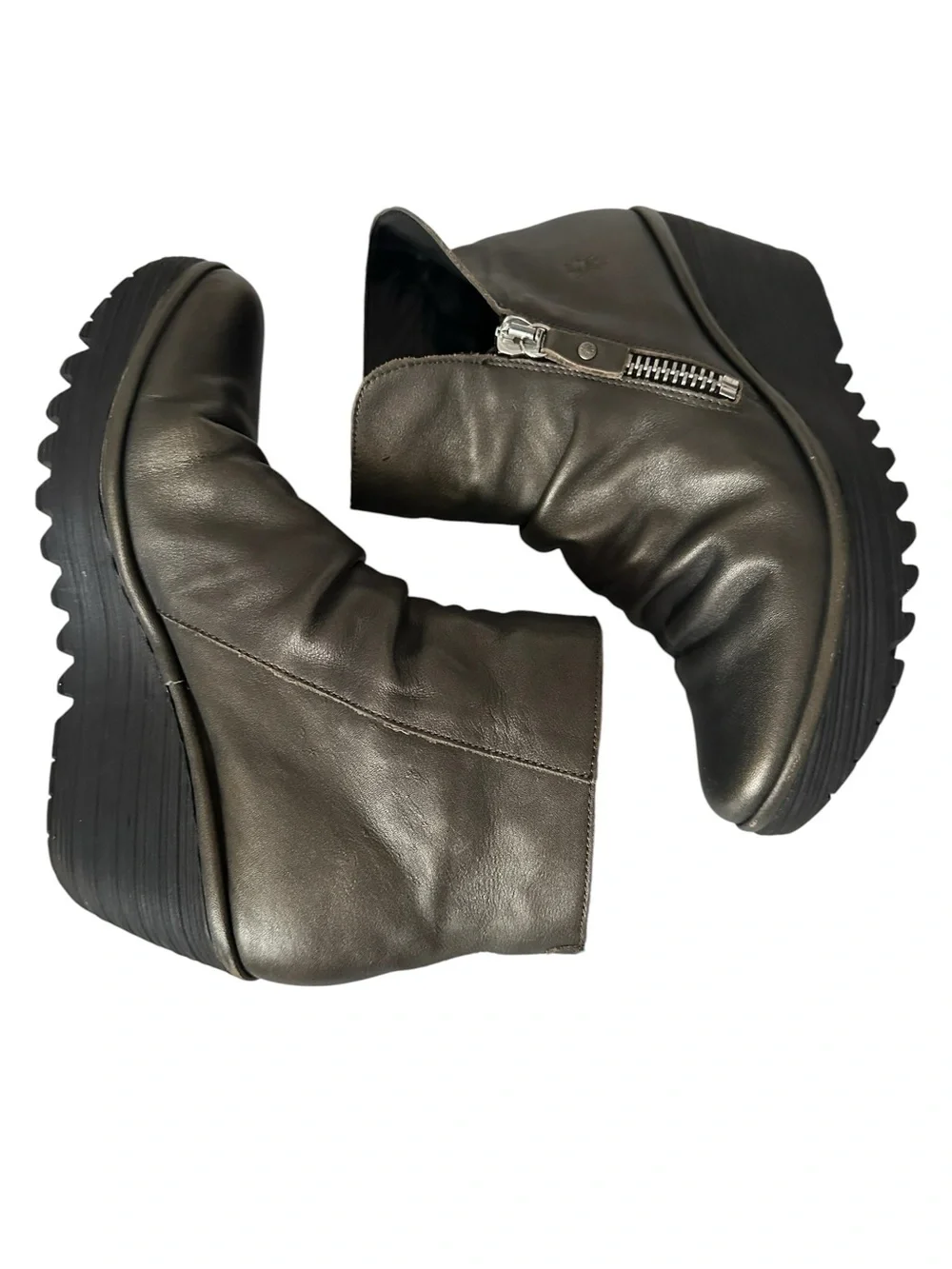 Fly London Yoxi Metallic Pewter Gold Wedge Ankle Boots EU 42